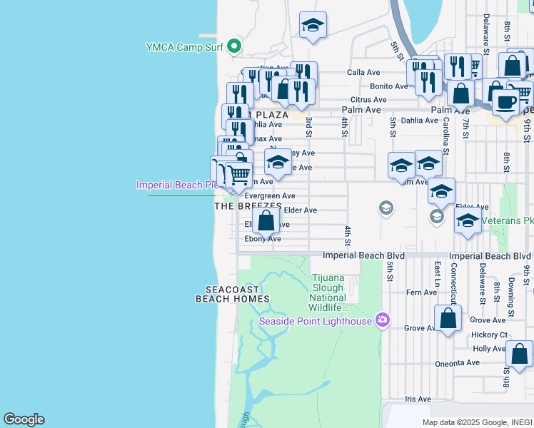 map of restaurants, bars, coffee shops, grocery stores, and more near 157 Elder Avenue in Imperial Beach
