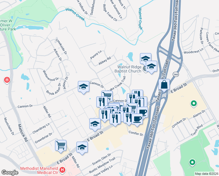 map of restaurants, bars, coffee shops, grocery stores, and more near 3205 Lake Creek Trail in Mansfield