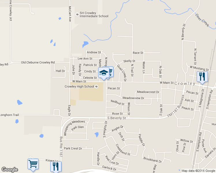 map of restaurants, bars, coffee shops, grocery stores, and more near 928 Pecan Street in Crowley