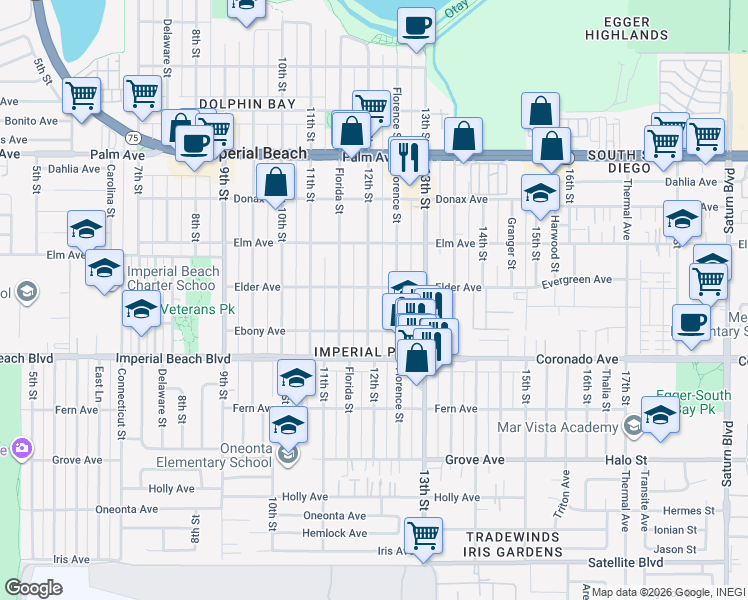 map of restaurants, bars, coffee shops, grocery stores, and more near 1015 12th Street in Imperial Beach