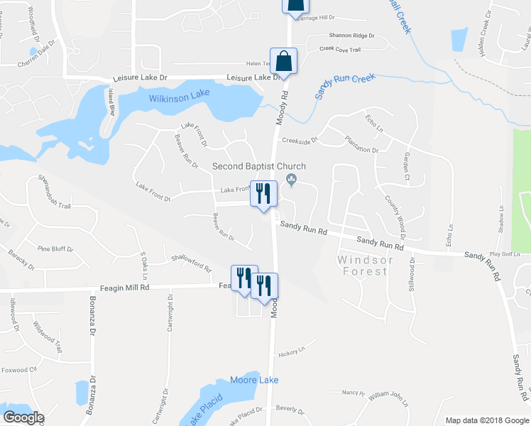 map of restaurants, bars, coffee shops, grocery stores, and more near 2505 Moody Road in Warner Robins