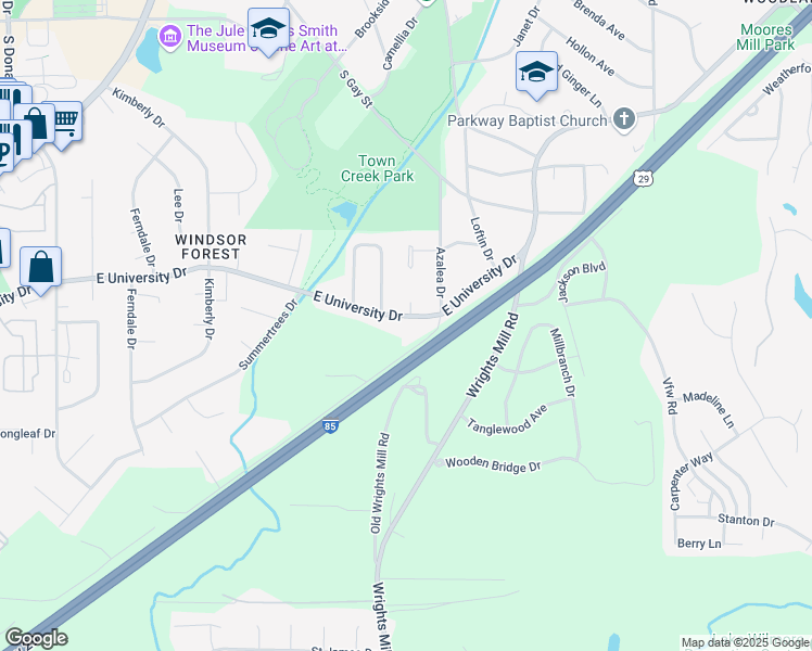 map of restaurants, bars, coffee shops, grocery stores, and more near 530 East University Drive in Auburn
