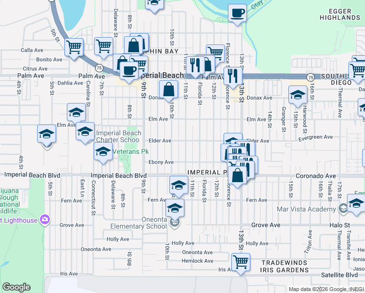 map of restaurants, bars, coffee shops, grocery stores, and more near 1018 11th Street in Imperial Beach
