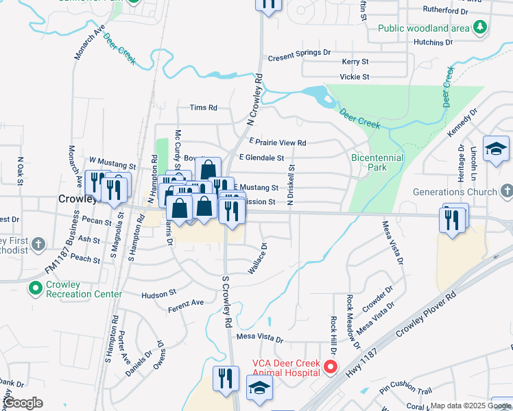 map of restaurants, bars, coffee shops, grocery stores, and more near 528 East Mission Street in Crowley