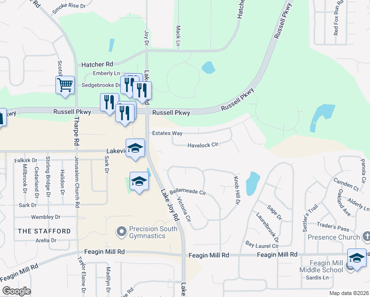 map of restaurants, bars, coffee shops, grocery stores, and more near 113 Havelock Circle in Warner Robins