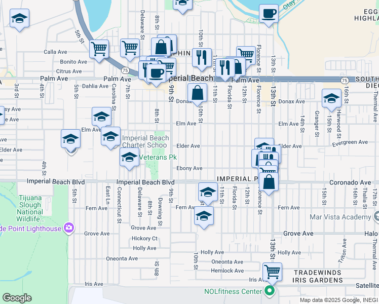map of restaurants, bars, coffee shops, grocery stores, and more near 1015 Emory Street in Imperial Beach