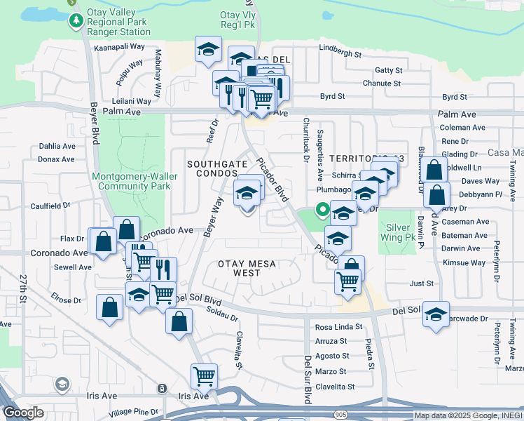 map of restaurants, bars, coffee shops, grocery stores, and more near 3234 Caminito Quixote in San Diego