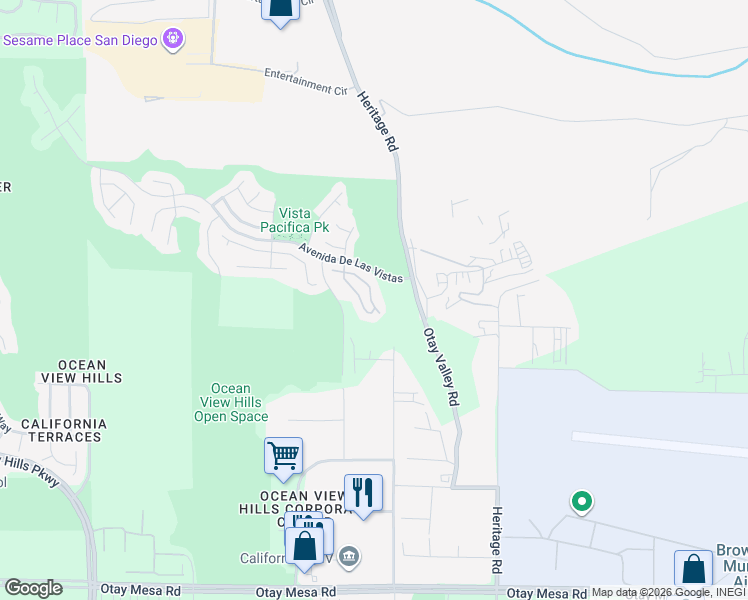 map of restaurants, bars, coffee shops, grocery stores, and more near 6333 Avenida De Las Vistas in San Diego
