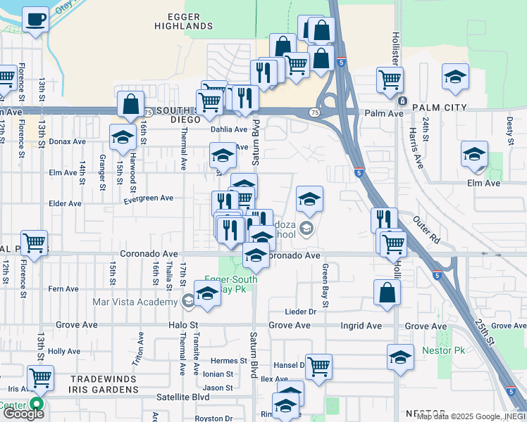 map of restaurants, bars, coffee shops, grocery stores, and more near 1920 Dunning Circle in San Diego