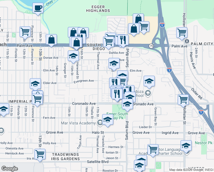 map of restaurants, bars, coffee shops, grocery stores, and more near 989 Swaying Palms Way in San Diego