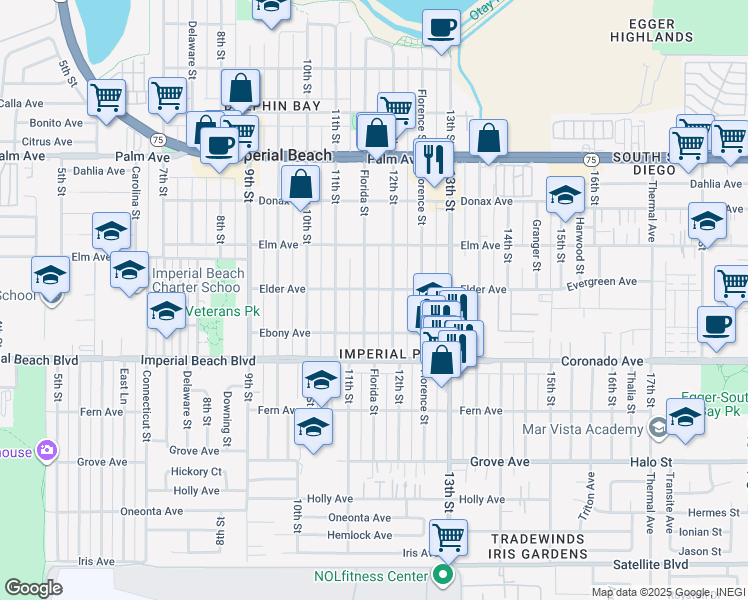map of restaurants, bars, coffee shops, grocery stores, and more near 1014 Florida Street in Imperial Beach
