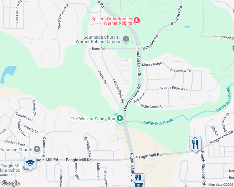 map of restaurants, bars, coffee shops, grocery stores, and more near 1121 Kathryn Ryals Road in Warner Robins