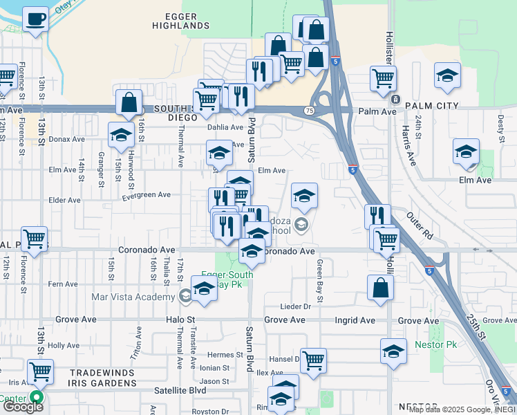 map of restaurants, bars, coffee shops, grocery stores, and more near 1941 Dunning Circle in San Diego