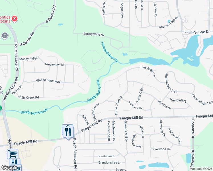 map of restaurants, bars, coffee shops, grocery stores, and more near 221 Blue Ridge Ln in Warner Robins