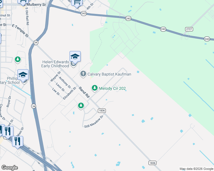 map of restaurants, bars, coffee shops, grocery stores, and more near 501 Melody Circle in Kaufman