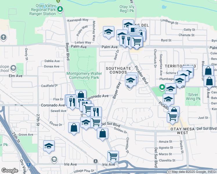 map of restaurants, bars, coffee shops, grocery stores, and more near 1010 Reef Drive in San Diego