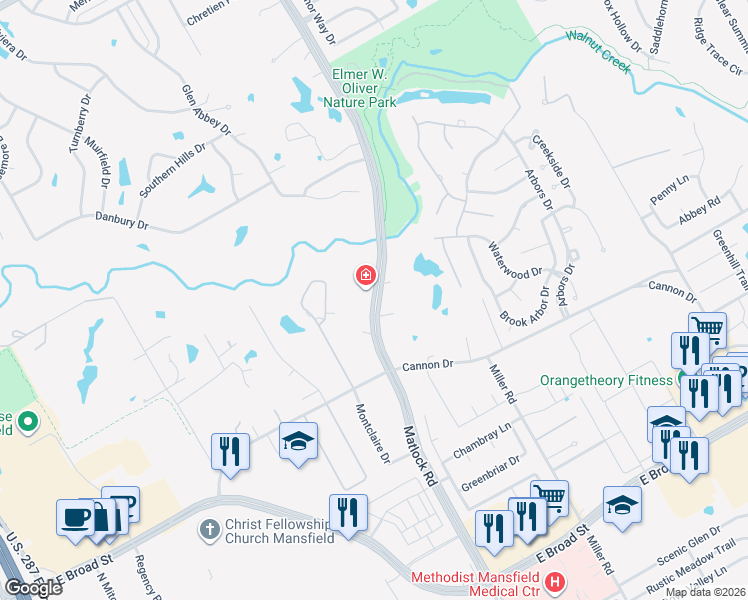 map of restaurants, bars, coffee shops, grocery stores, and more near 1101 Matlock Road in Mansfield