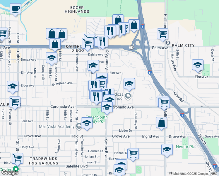map of restaurants, bars, coffee shops, grocery stores, and more near 1941 Dunning Circle in San Diego