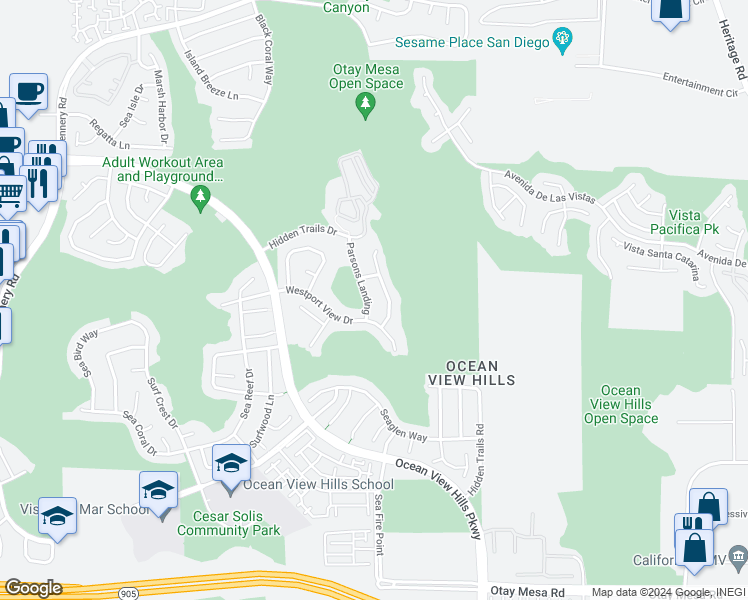 map of restaurants, bars, coffee shops, grocery stores, and more near 1087 Parsons Landing in San Diego