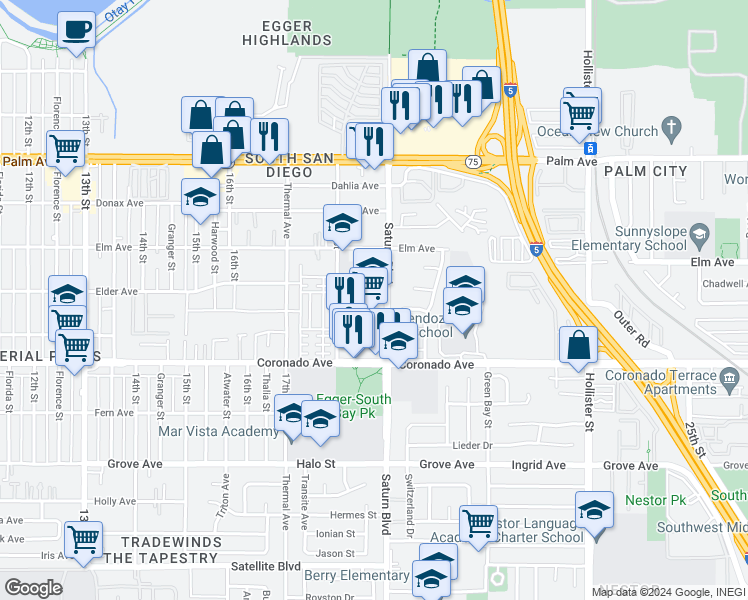map of restaurants, bars, coffee shops, grocery stores, and more near 1002 Saturn Boulevard in San Diego