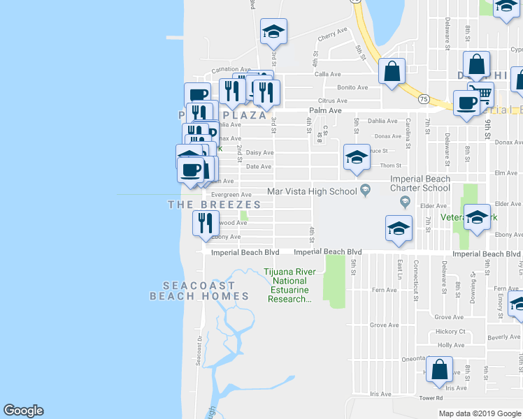 map of restaurants, bars, coffee shops, grocery stores, and more near 293 Elder Avenue in Imperial Beach
