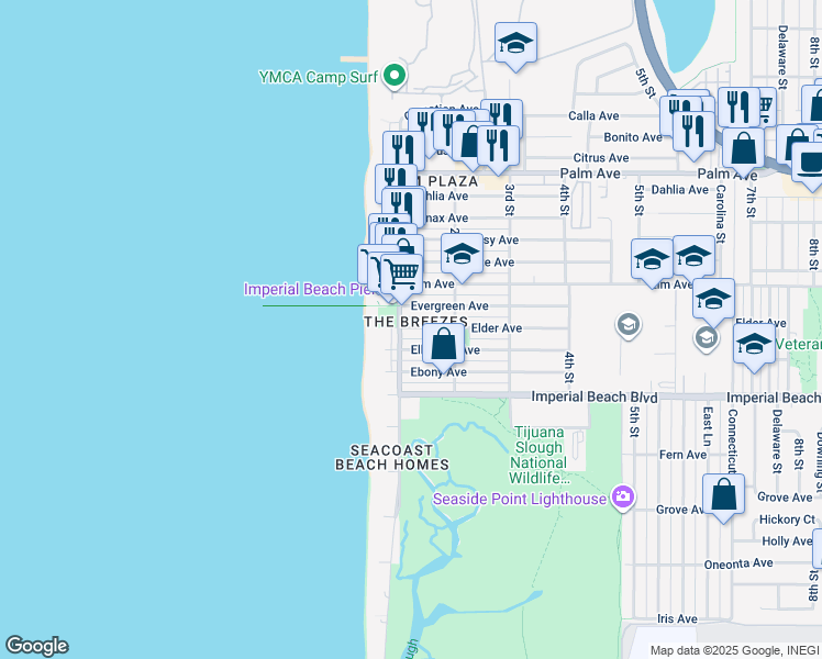 map of restaurants, bars, coffee shops, grocery stores, and more near 12 Ocean Lane in Imperial Beach