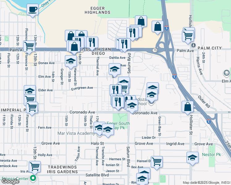 map of restaurants, bars, coffee shops, grocery stores, and more near 1808 Elder Avenue in San Diego