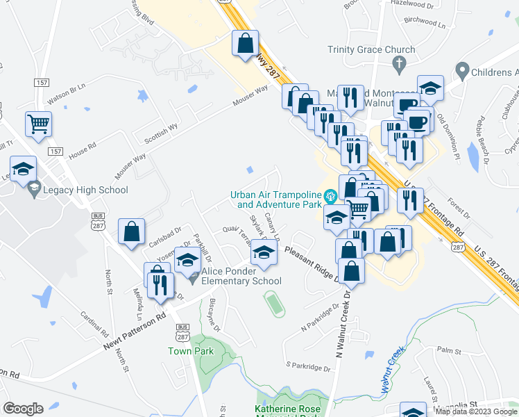 map of restaurants, bars, coffee shops, grocery stores, and more near 915 Canary Lane in Mansfield