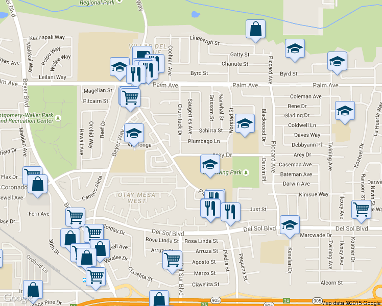 map of restaurants, bars, coffee shops, grocery stores, and more near 3601 Arey Drive in San Diego