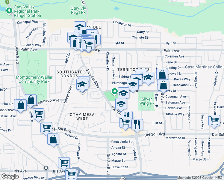 map of restaurants, bars, coffee shops, grocery stores, and more near 3601 Arey Drive in San Diego