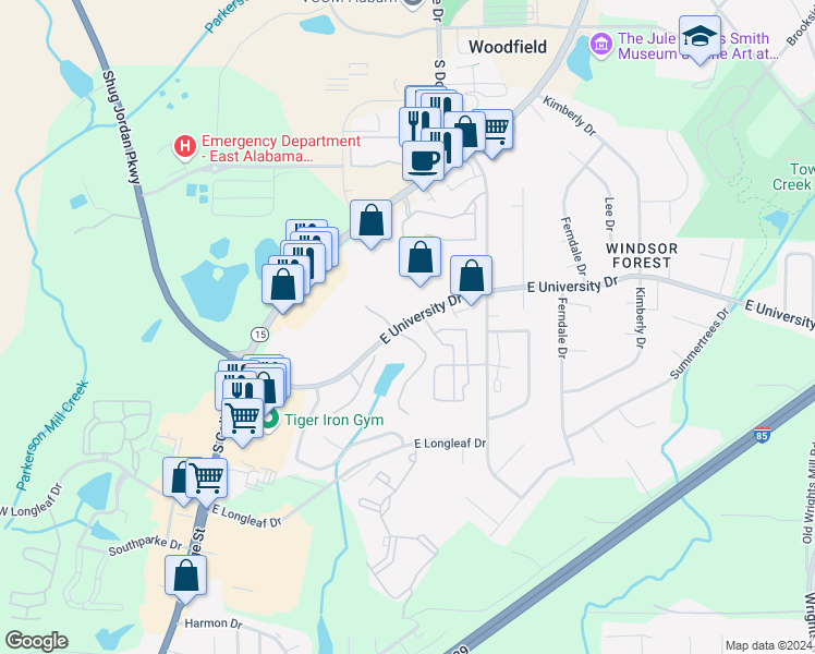map of restaurants, bars, coffee shops, grocery stores, and more near 1900 East University Drive in Auburn