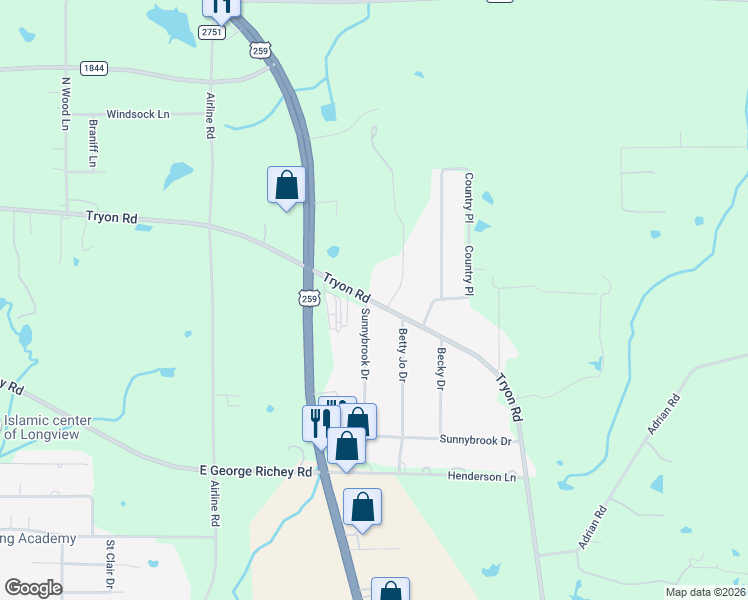 map of restaurants, bars, coffee shops, grocery stores, and more near 6376 Tryon Road in Longview