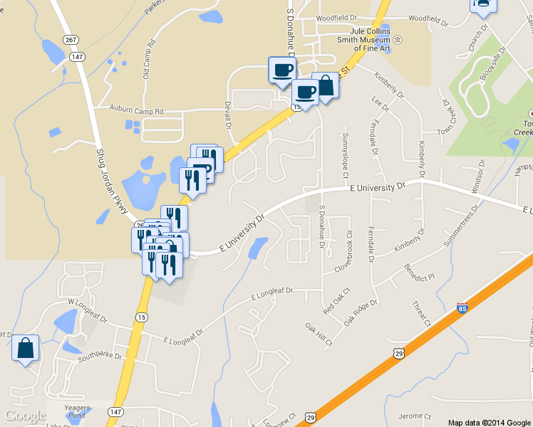 map of restaurants, bars, coffee shops, grocery stores, and more near 166 East University Drive in Auburn