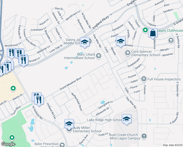 map of restaurants, bars, coffee shops, grocery stores, and more near 4707 Sunset Drive in Mansfield