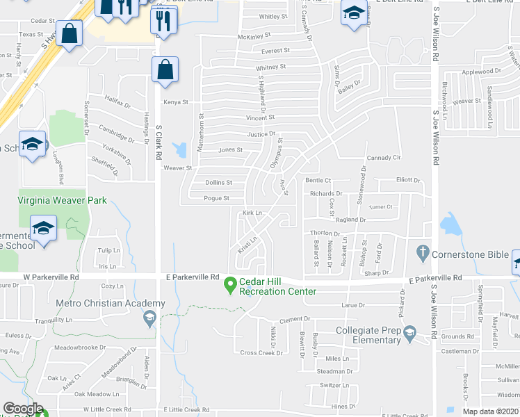 map of restaurants, bars, coffee shops, grocery stores, and more near 407 Kirk Lane in Cedar Hill