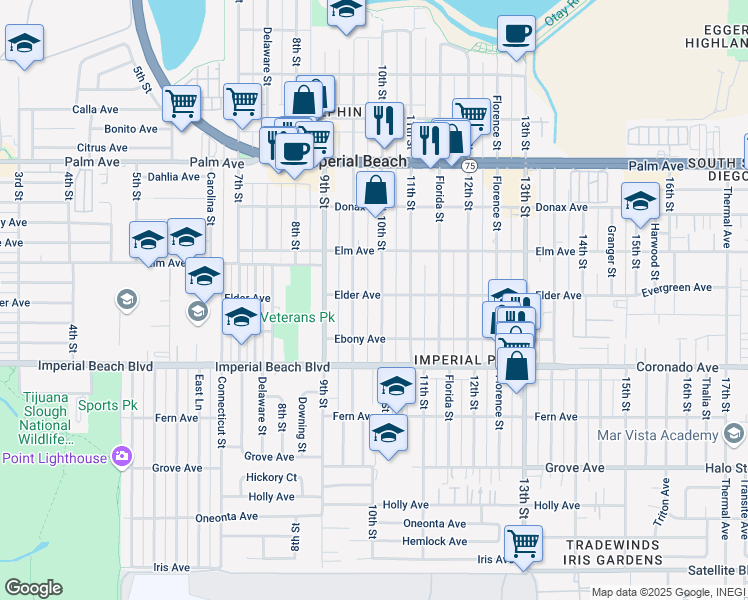 map of restaurants, bars, coffee shops, grocery stores, and more near 1015 Emory Street in Imperial Beach