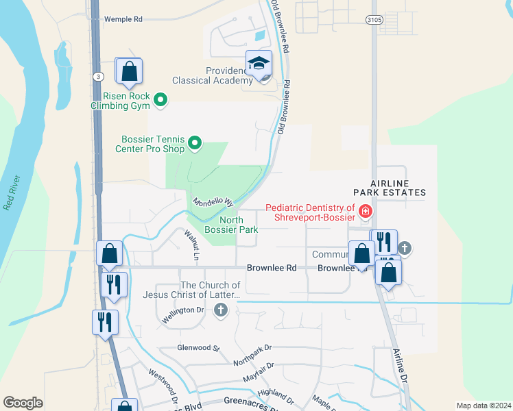 map of restaurants, bars, coffee shops, grocery stores, and more near 2507 Spruce Drive in Bossier City