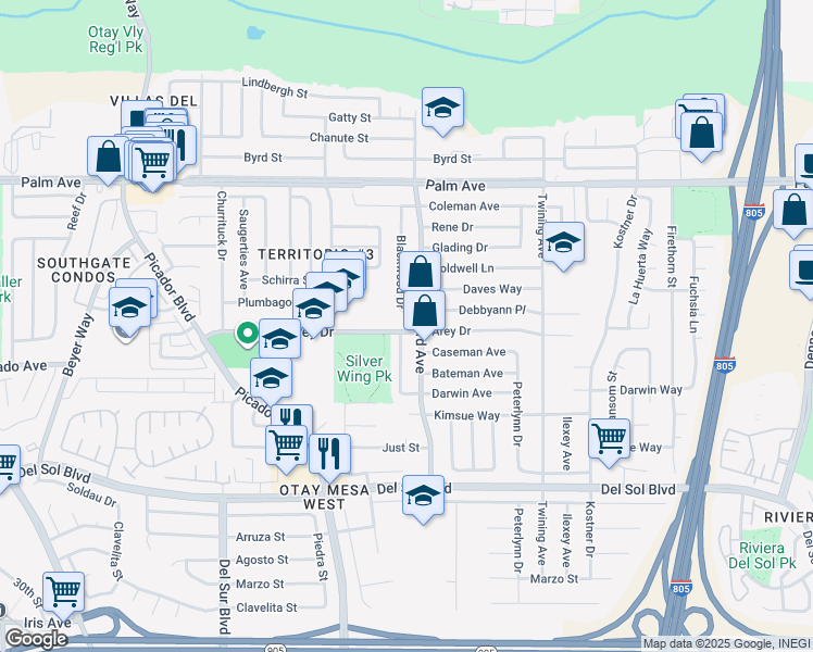 map of restaurants, bars, coffee shops, grocery stores, and more near 1001 Darwin Place in San Diego