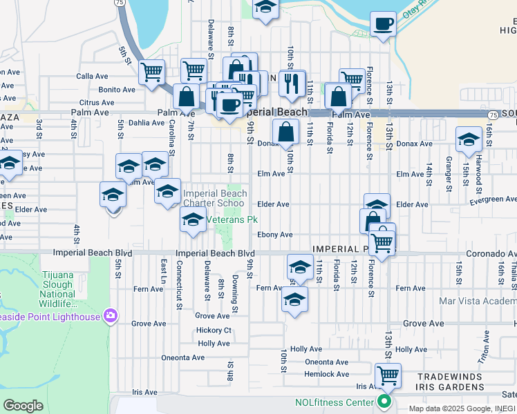 map of restaurants, bars, coffee shops, grocery stores, and more near 915 Elder Avenue in Imperial Beach