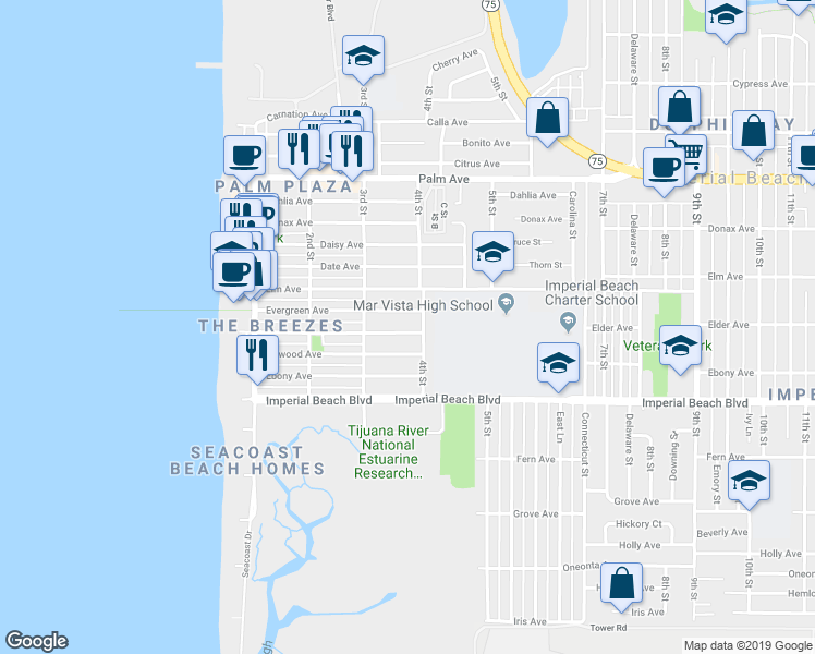 map of restaurants, bars, coffee shops, grocery stores, and more near 351 Elder Avenue in Imperial Beach
