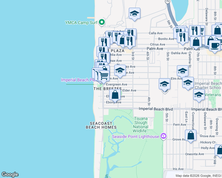 map of restaurants, bars, coffee shops, grocery stores, and more near 157 Elder Avenue in Imperial Beach