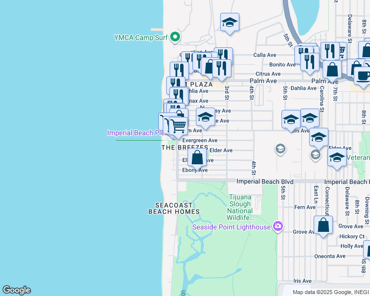 map of restaurants, bars, coffee shops, grocery stores, and more near 157 Elder Avenue in Imperial Beach