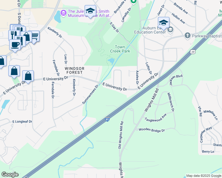 map of restaurants, bars, coffee shops, grocery stores, and more near 498 East University Drive in Auburn