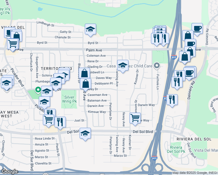 map of restaurants, bars, coffee shops, grocery stores, and more near 4070 Arey Drive in San Diego