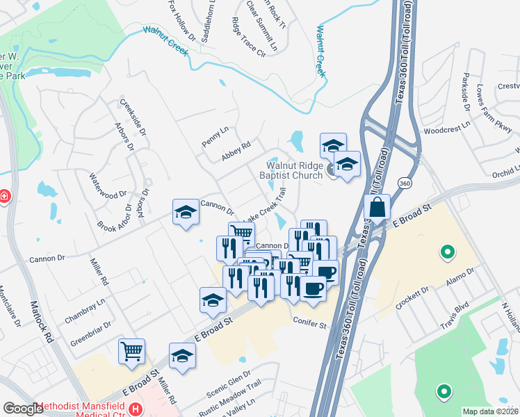 map of restaurants, bars, coffee shops, grocery stores, and more near 3205 Lake Creek Trail in Mansfield