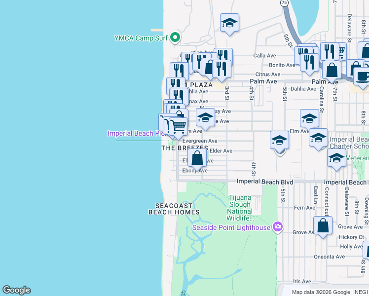 map of restaurants, bars, coffee shops, grocery stores, and more near 124 Elder Avenue in Imperial Beach