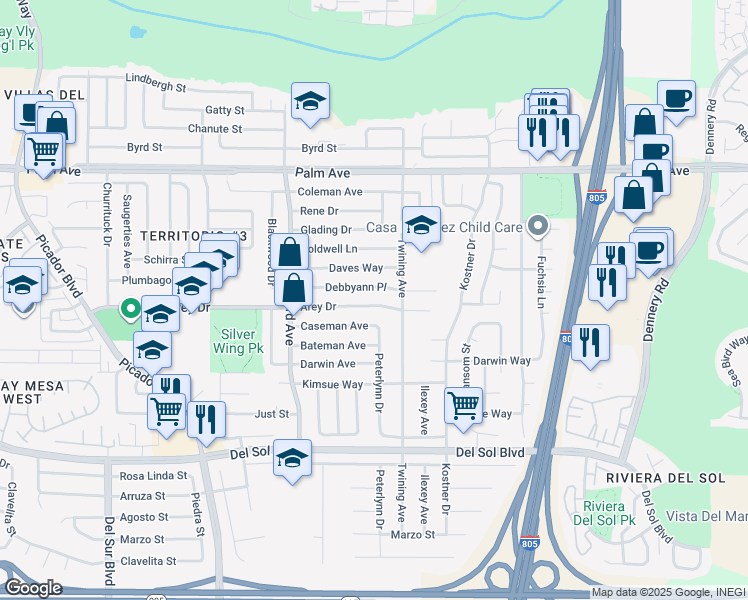 map of restaurants, bars, coffee shops, grocery stores, and more near 4070 Arey Drive in San Diego