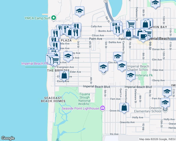 map of restaurants, bars, coffee shops, grocery stores, and more near 351 Elder Avenue in Imperial Beach