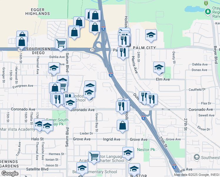 map of restaurants, bars, coffee shops, grocery stores, and more near 2200 Coronado Avenue in San Diego