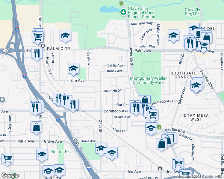 map of restaurants, bars, coffee shops, grocery stores, and more near 2792 Caulfield Drive in San Diego